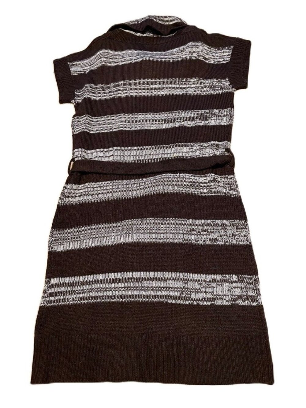 Women Sweater Dress Cowl Neck Short Sleeve Stripe Belted Brown Size Large - Picture 2 of 5